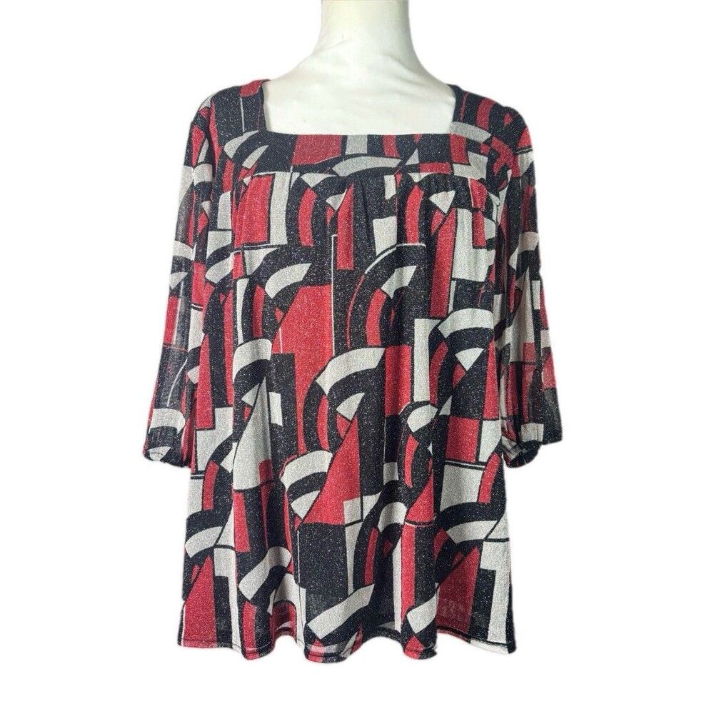 Worthington women's blouse red black gray sparkling 3/4 sleeve lining Women’s L